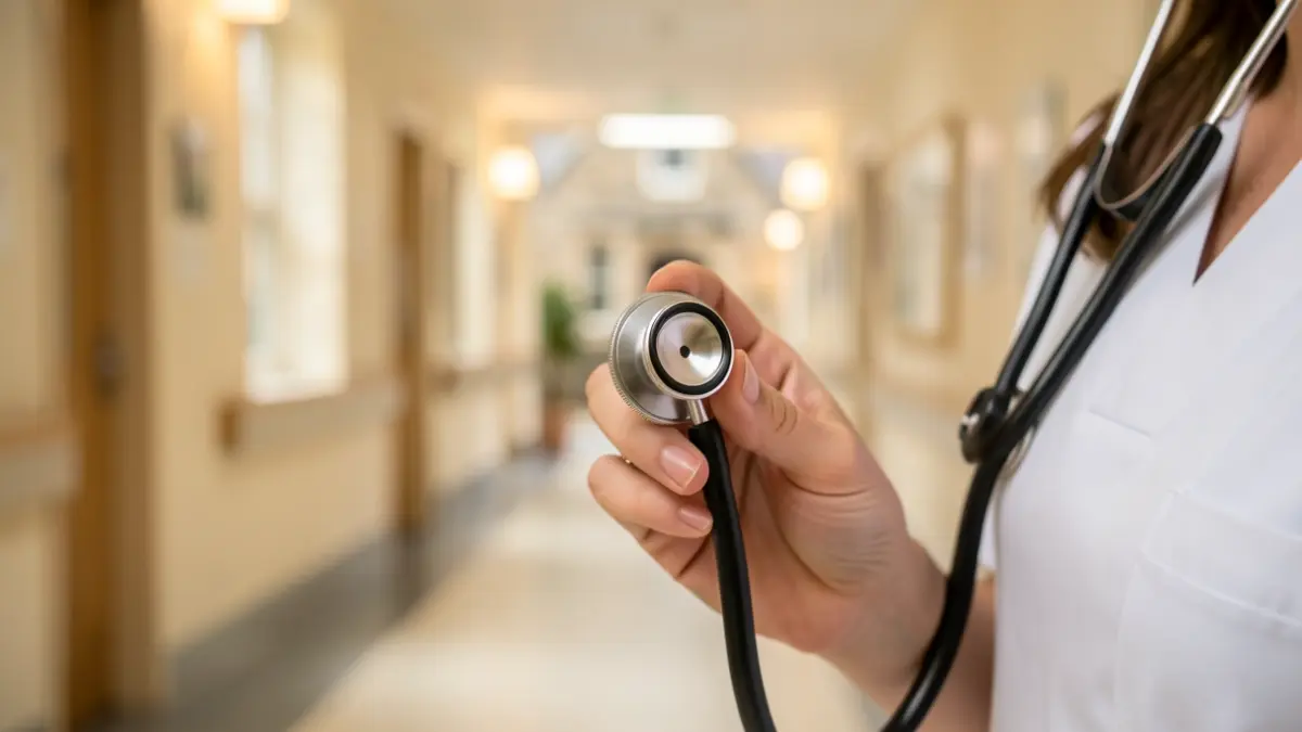 Generic image of a nurse's hand holding a stethoscope, with a blurred hospital corridor in the background.