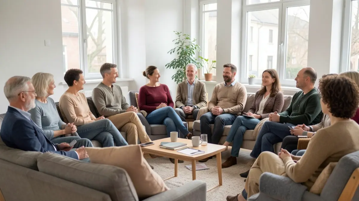 Generic image of a supportive group therapy session with diverse individuals in a calm, well-lit room.