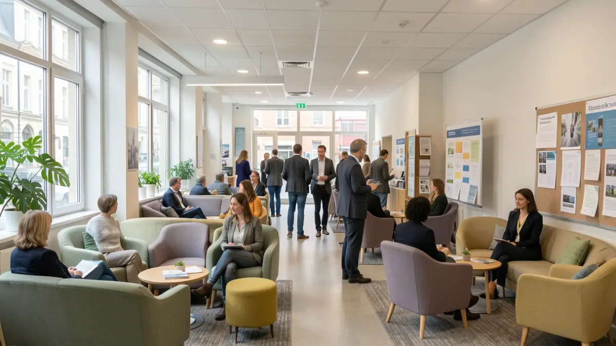 Generic image of a modern careers advice centre interior with comfortable seating and information displays.