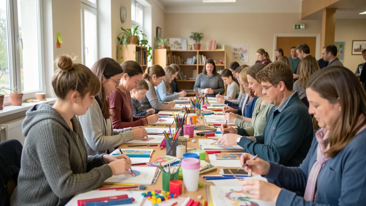 Community members engaging in arts and crafts during a parenting fortnight event.