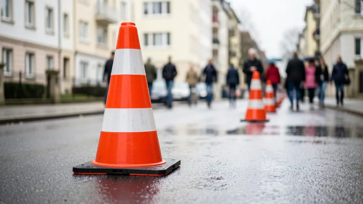 Temporary traffic management barriers and a traffic cone on a wet road.