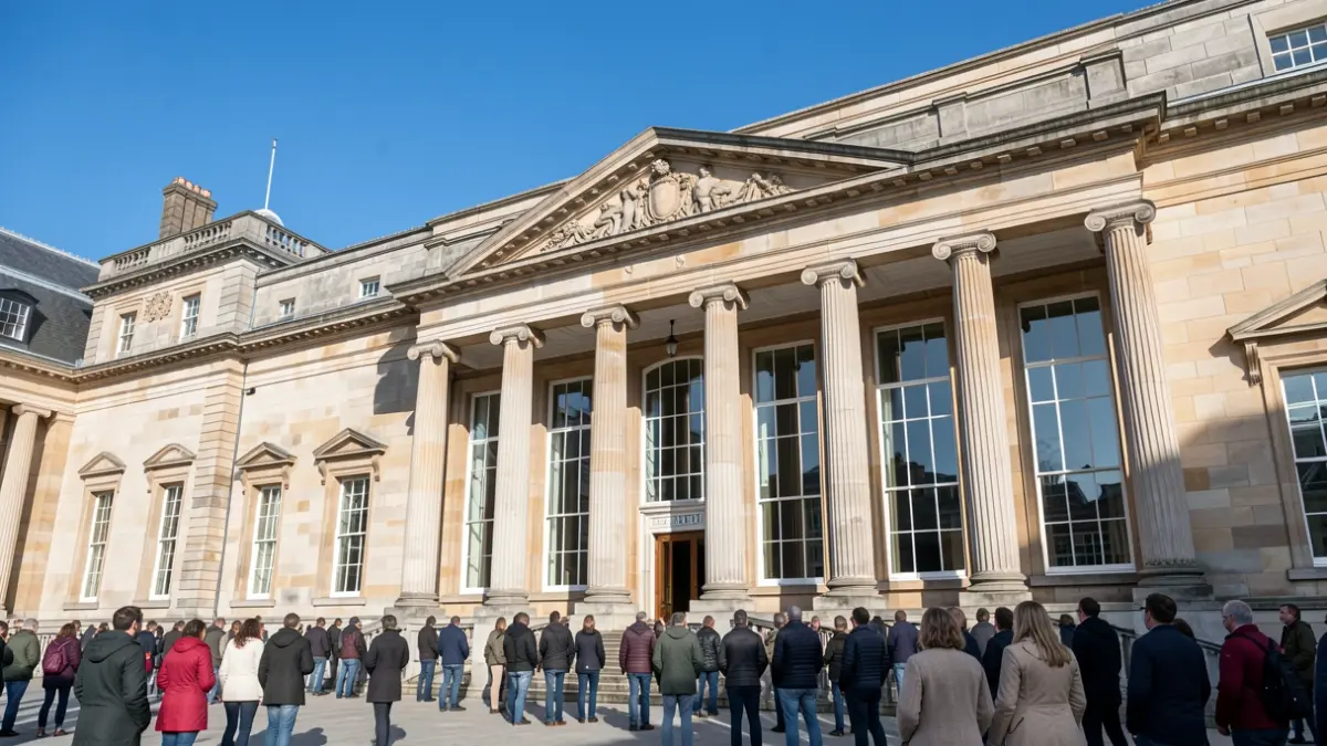 Generic image of a government building facade with large windows and columns, under a blue sky.