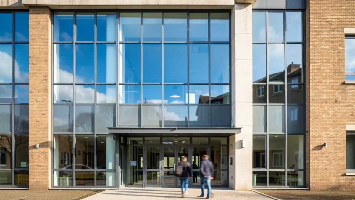Generic image of a modern college building facade with large windows reflecting a bright blue sky.