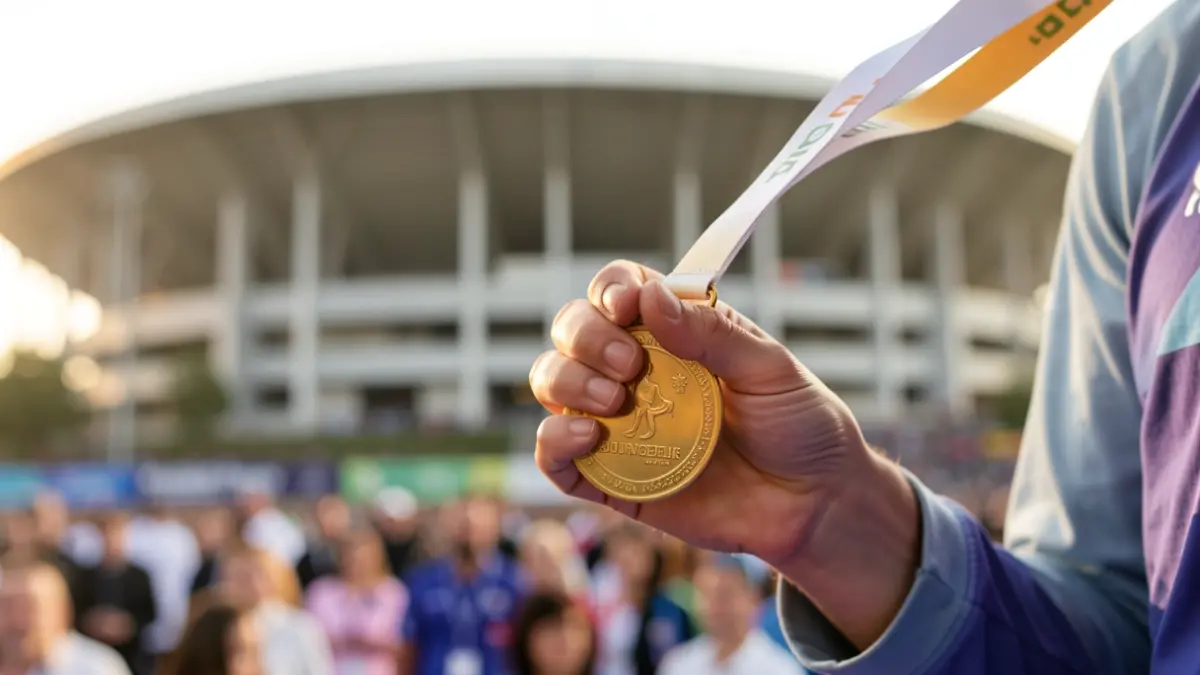 Close-up of a Paralympic athlete's hand holding a golden medal, with the blurred facade of Blundell Park stadium in the background.