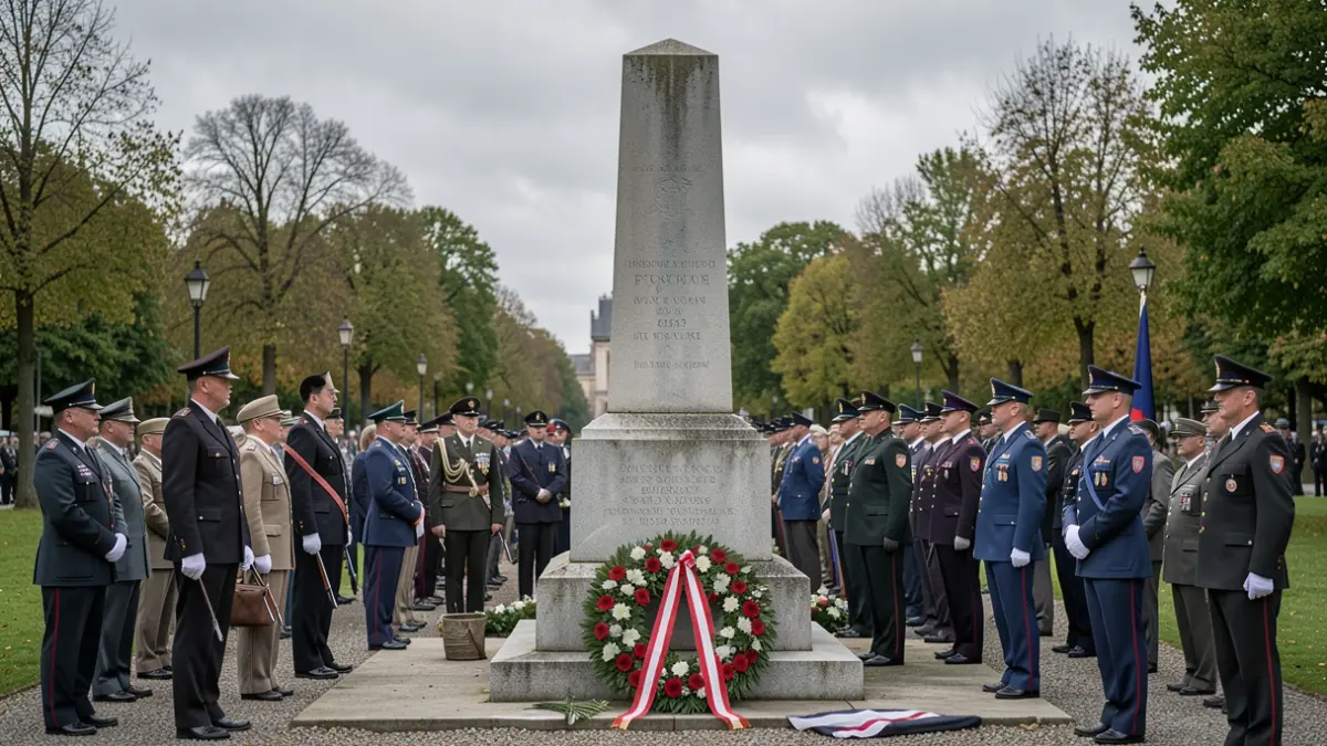 Generic image of a war memorial cenotaph with a parade and wreath-laying ceremony.
