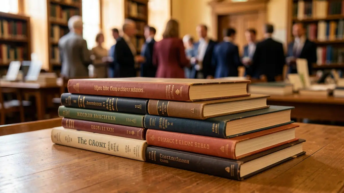 Generic image of a stack of diverse books on a wooden table, with a blurred background of a library or study room. Warm, soft lighting. Focus on the texture of the book covers and pages. No people or text visible.