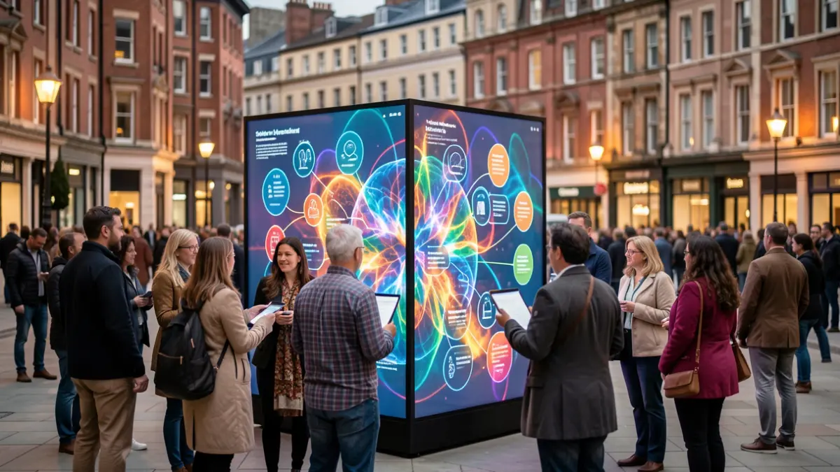 Generic image of a diverse group of people engaging with a colourful digital art installation in a public space.