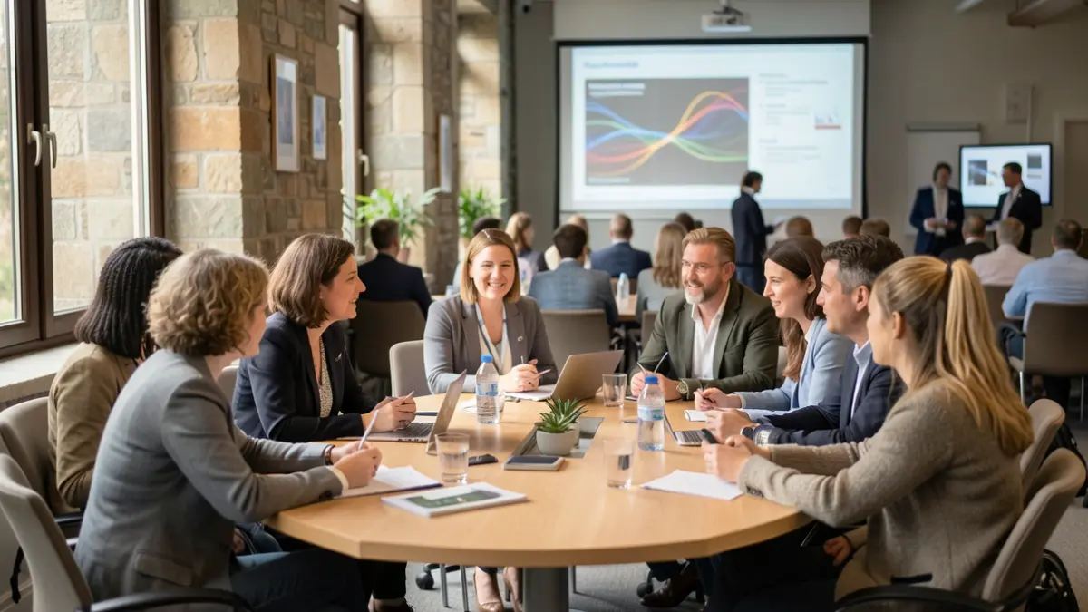 Generic image of a diverse group of researchers in a conference room discussing energy transitions.