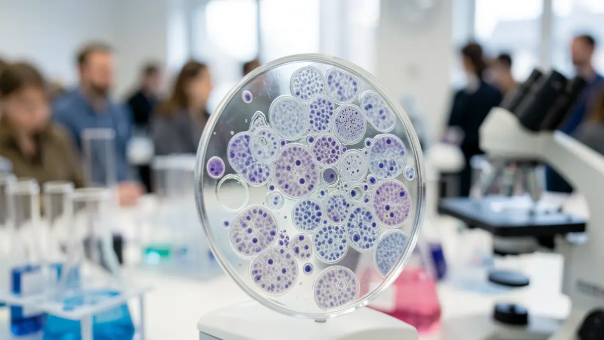 Generic image of microscopic cellular structures on a slide, with laboratory equipment in the background.