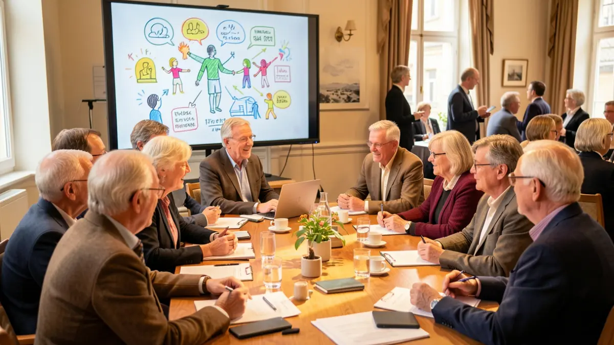 Generic image of older adults and researchers collaborating, with live illustrations being created on a screen.