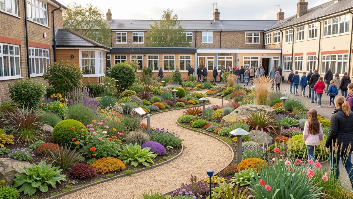 Generic image of a peaceful and colourful sensory garden designed for children, featuring diverse plants and exploration elements.
