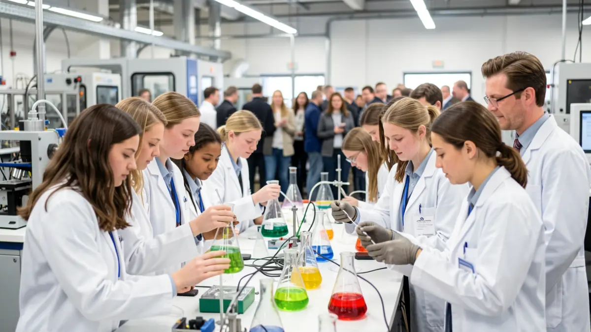 Young women participating in a STEM workshop at a manufacturing site.