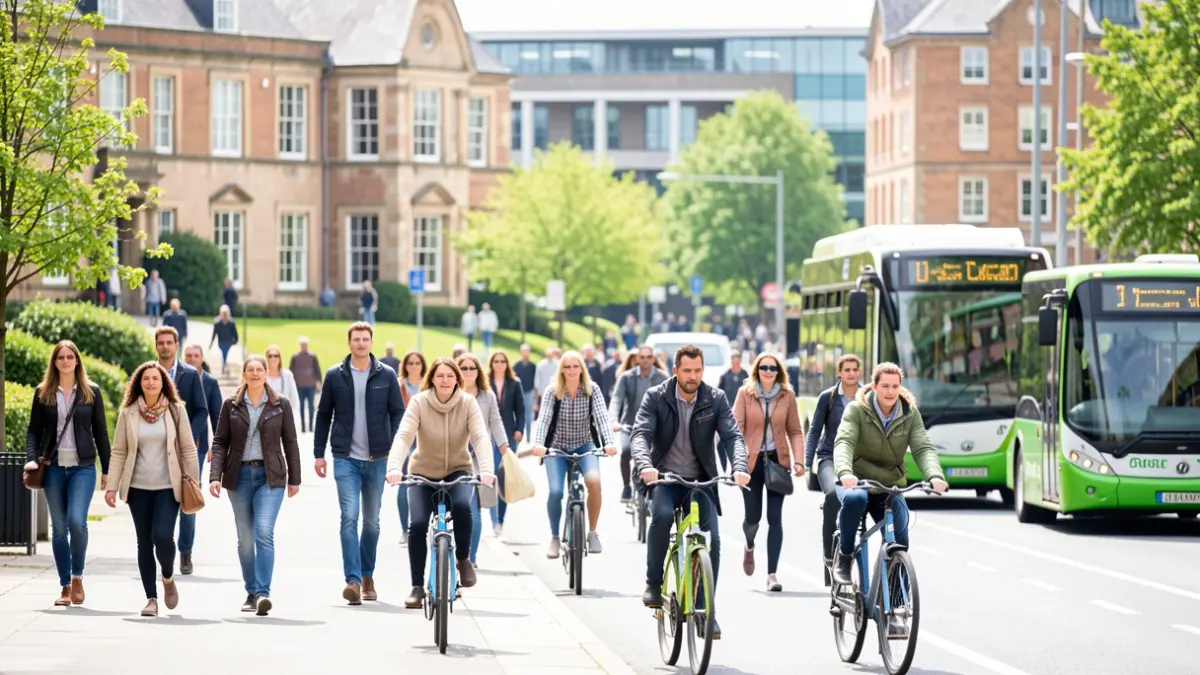 Diverse group of people engaging in sustainable travel around the University of Sheffield campus.