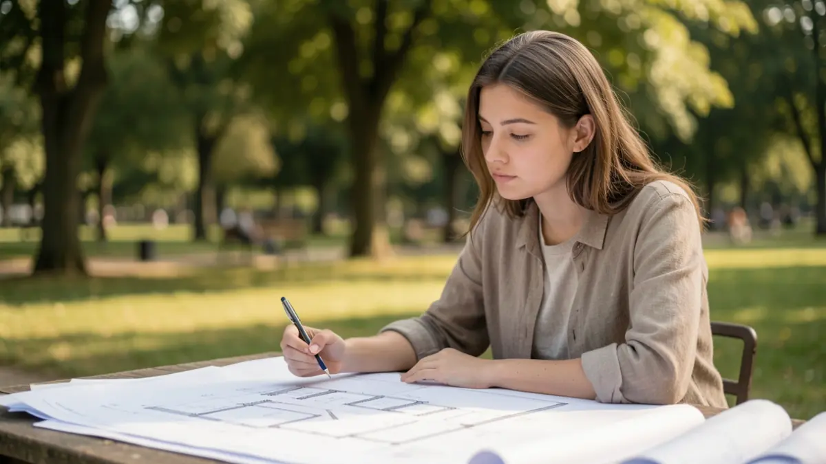Generic image of a young woman reviewing architectural plans in a park setting.