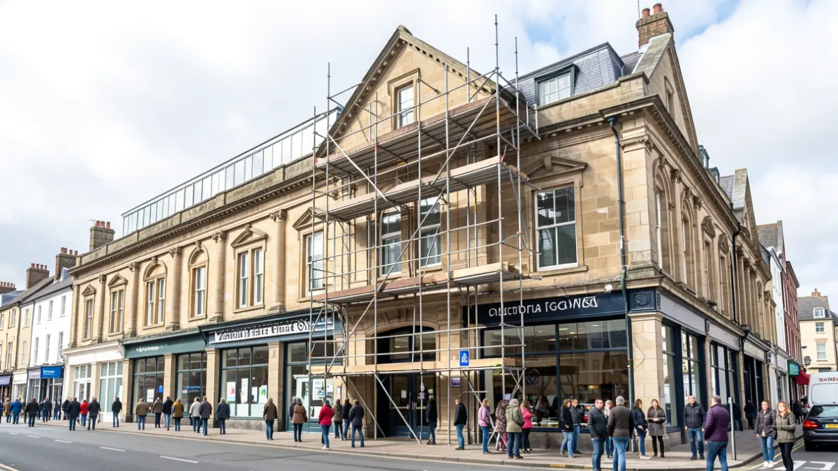 Generic image of building restoration work on a town centre street.