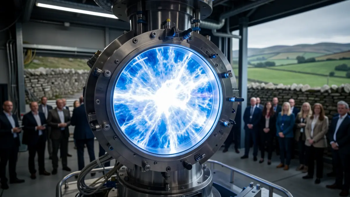 Close-up of a glowing fusion reactor core with subtle Yorkshire landscape elements in the background.