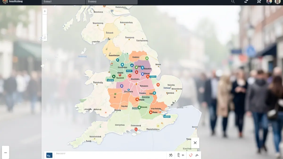 Digital map interface of the Playces platform showing playground locations and areas of inequality across England.