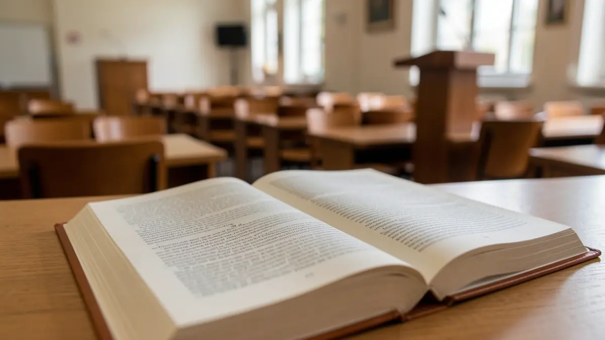 Generic image of an open book on a desk with a blurred lecture hall in the background.