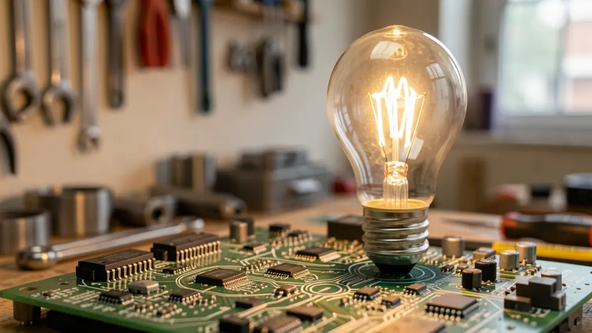 Close-up of a lightbulb illuminating an engineering circuit board in a workshop.