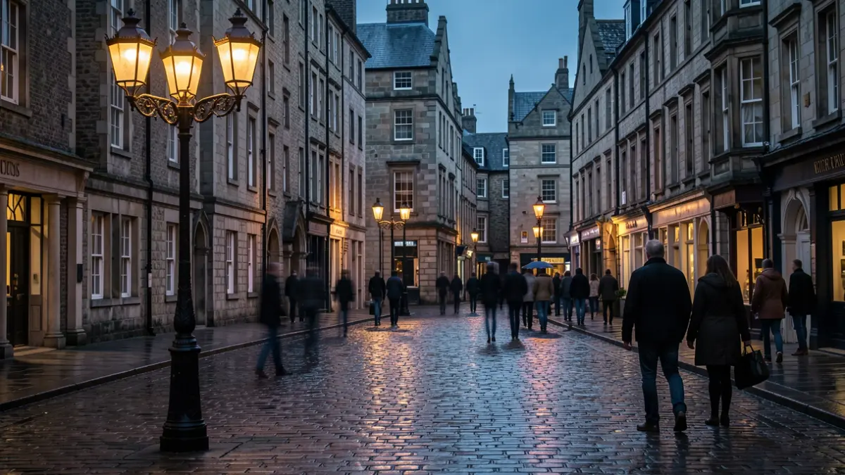Generic image of a historic city square at dusk with streetlights and blurred figures.