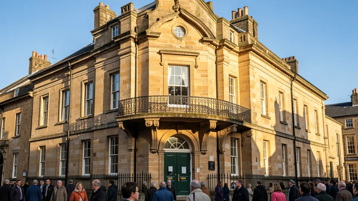 Generic image of a town hall facade with a balcony, in warm afternoon light.