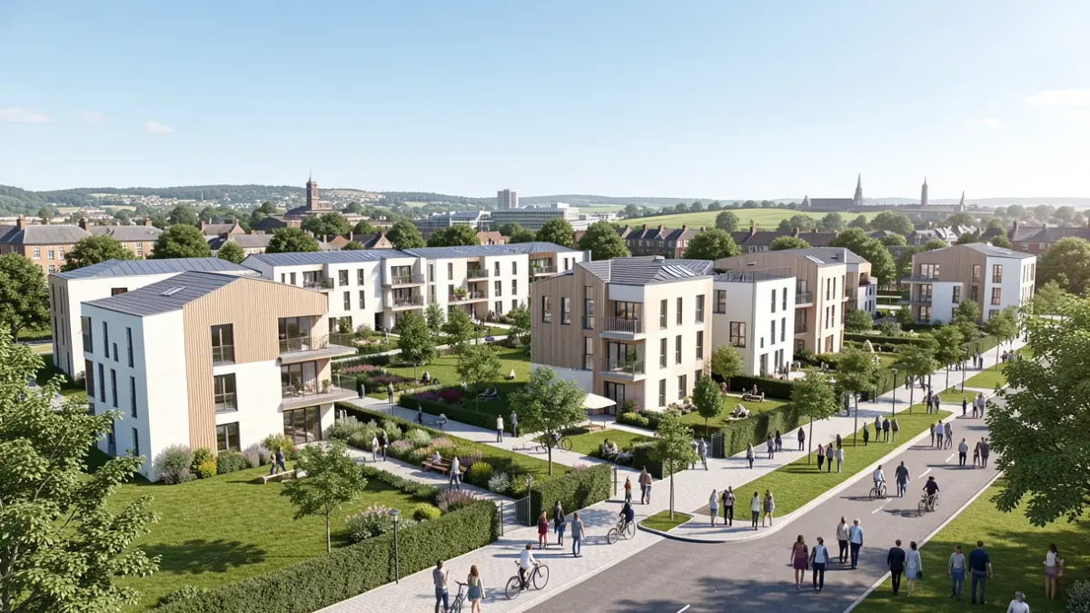 Generic image of a modern housing development with green spaces and contemporary buildings.