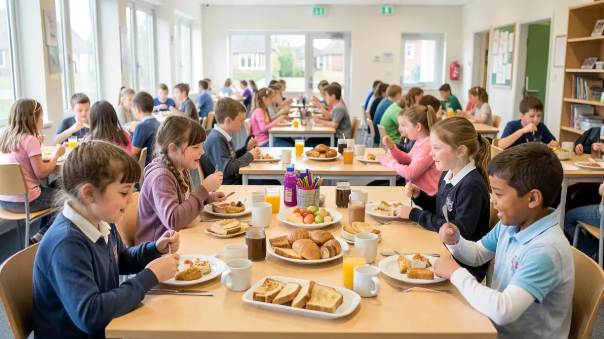 Generic image of diverse schoolchildren eating breakfast in a bright school dining hall.