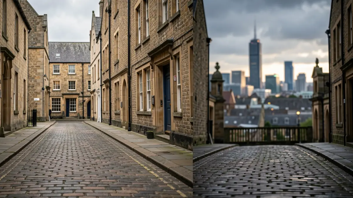 Split image showing historic and modern York, highlighting the contrast between affluence and poverty.