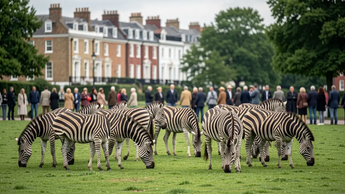Zebras grazing in a British park, with townhouses in the background.
